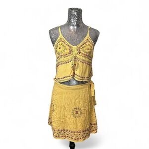 Cottagecore Boho Embroidered Ruched Crop Top Wrap‎ Skirt Yellow Set Free Size